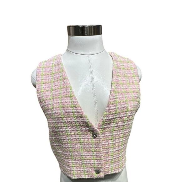ZARA Pink & Green Tweed Cropped Vest - Vintage-Inspired Button Front Top - Picture 5 of 9
